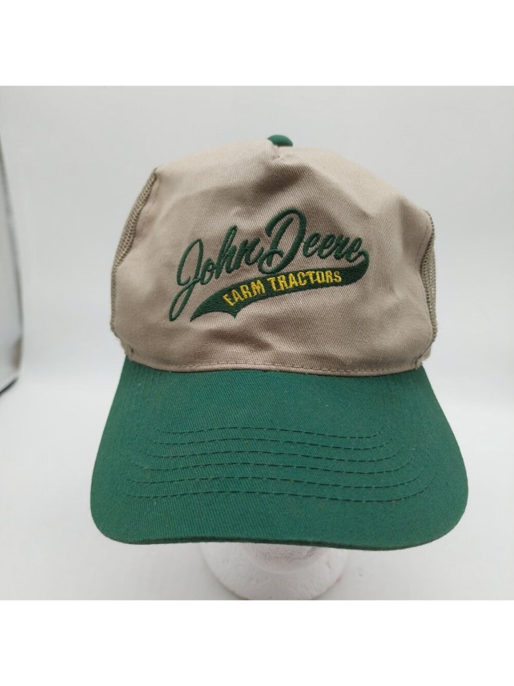 John Deere Embroidered Hat Cap Adult Trucker Snapback Green Beige READ